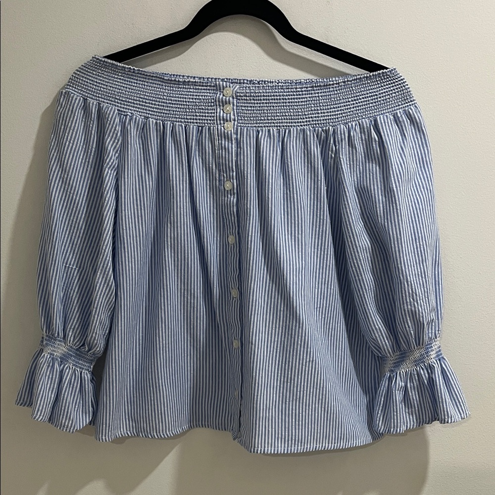 Women’s Top Small Off the Shoulder Striped Cotton Blend Buttons Blouse Summer